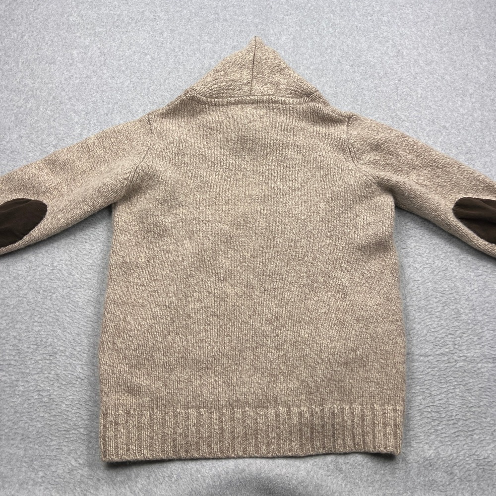 LL Bean Sweater Mens Large Beige 100% Lambswool Shawl Neck Elbow Patch Pullover - Picture 8 of 10